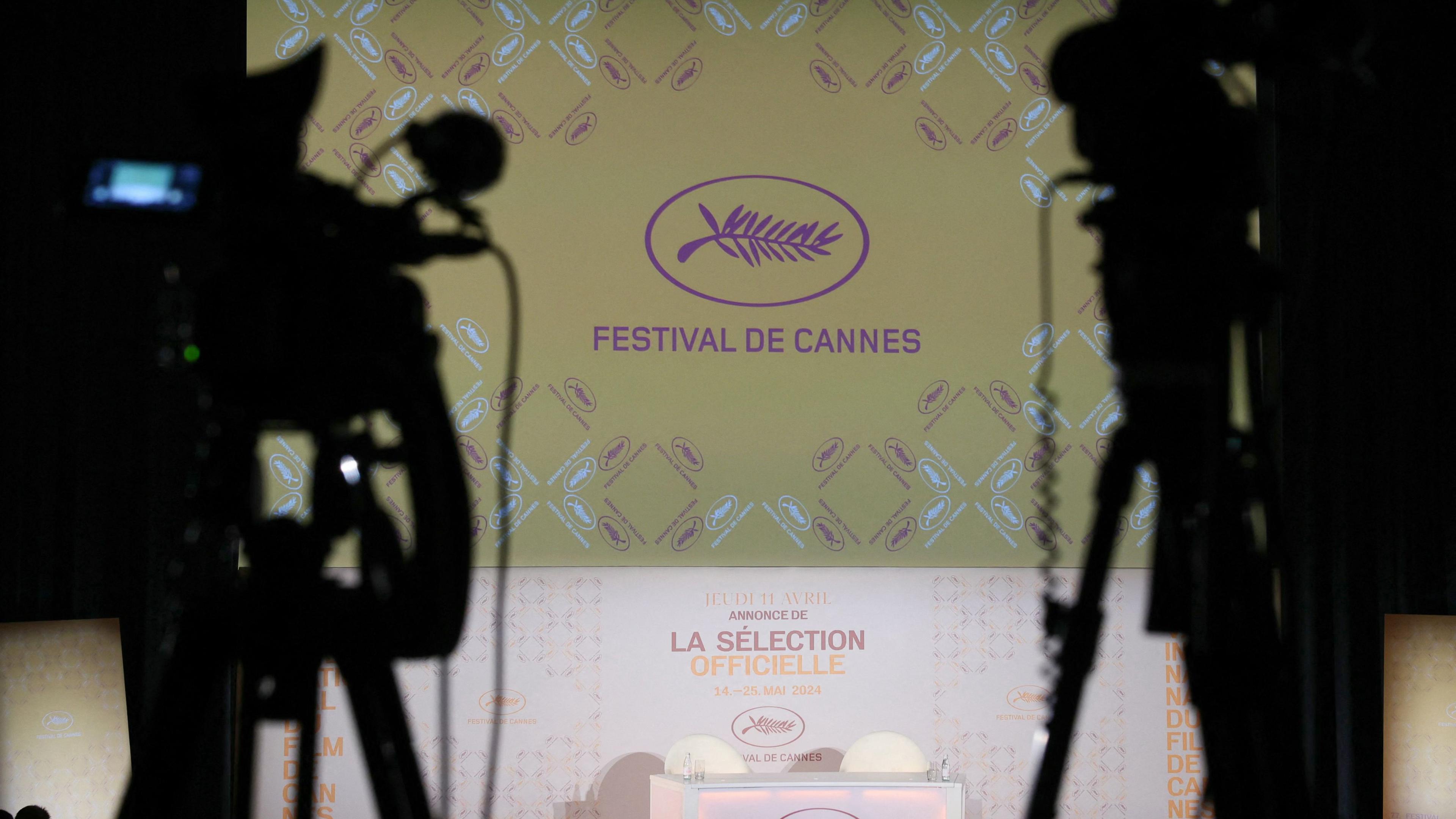 A photo shows the set ahead of a press conference to announce the official selection of the 77th edition of the Cannes Film Festival, at the UGC Normandie cinema in Paris, on April 13, 2024. The 77th edition of the Cannes Film Festival runs from May 14 to 25, 2024. (Photo by Alain JOCARD / AFP)
