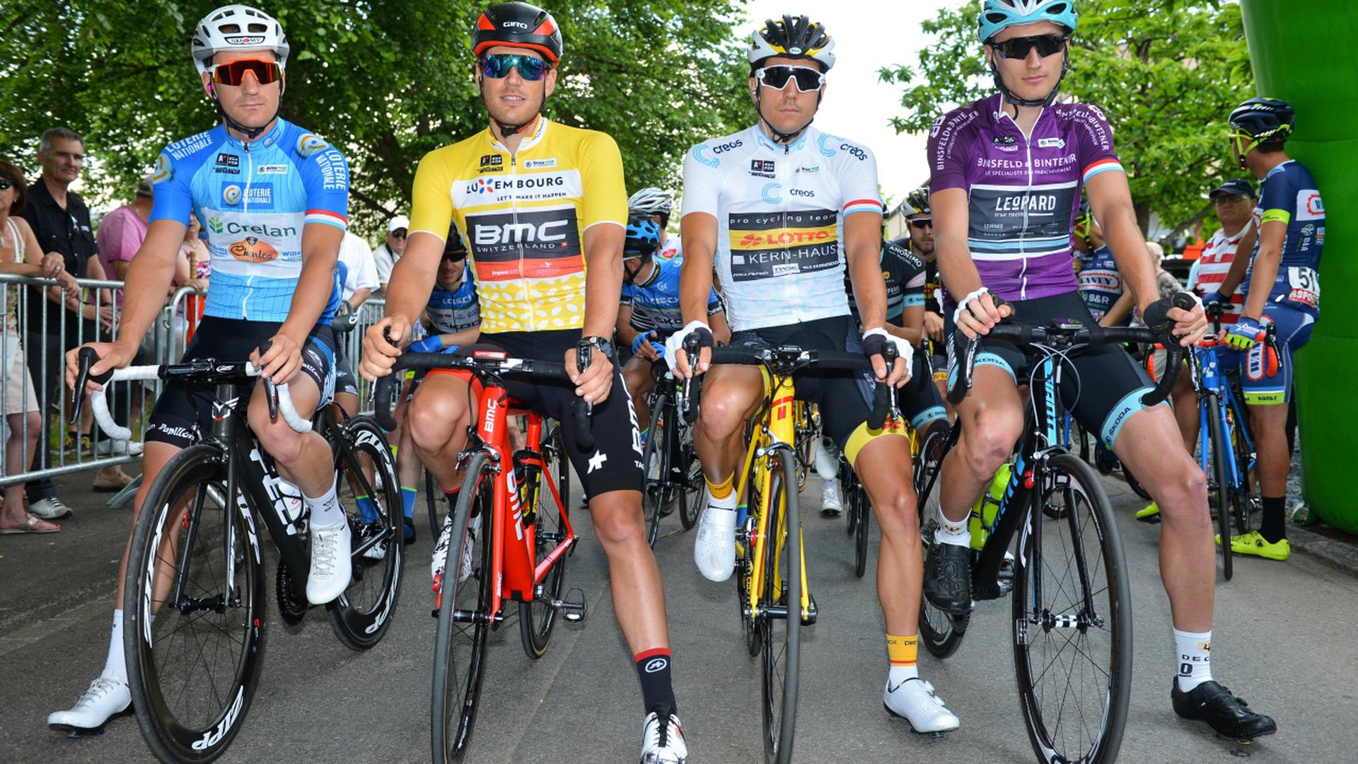 Timothy Dupont (B/Vérandas Willems), Jempy Drucker (BMC), Raphael Freienstein (D/Lotto-Kern Haus) und Tom Wirtgen (Leopard) vor dem Start - Skoda Tour de Luxembourg 2017 - 2. Etappe - Steinfort-Walferdingen - Foto: Serge Waldbillig