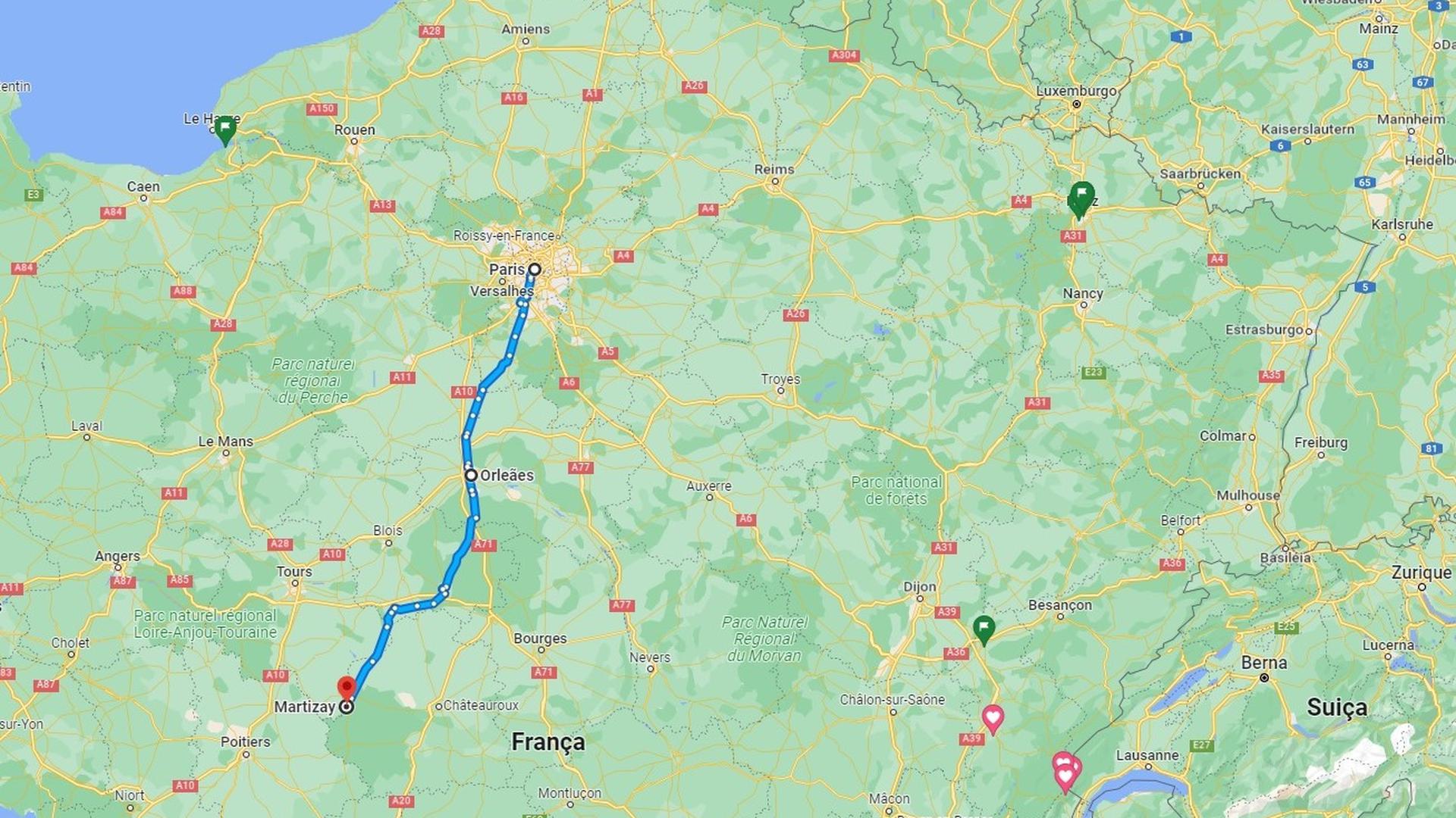Percurso do segundo dia de viagem, de Paris até Orleães. Esta segunda-feira, chegaram a Martizay.