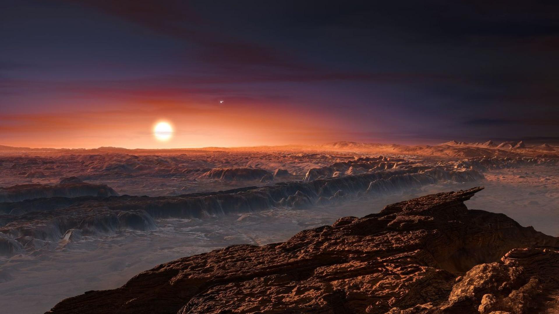 Aspecto de um crepúsculo no planeta Proxima b