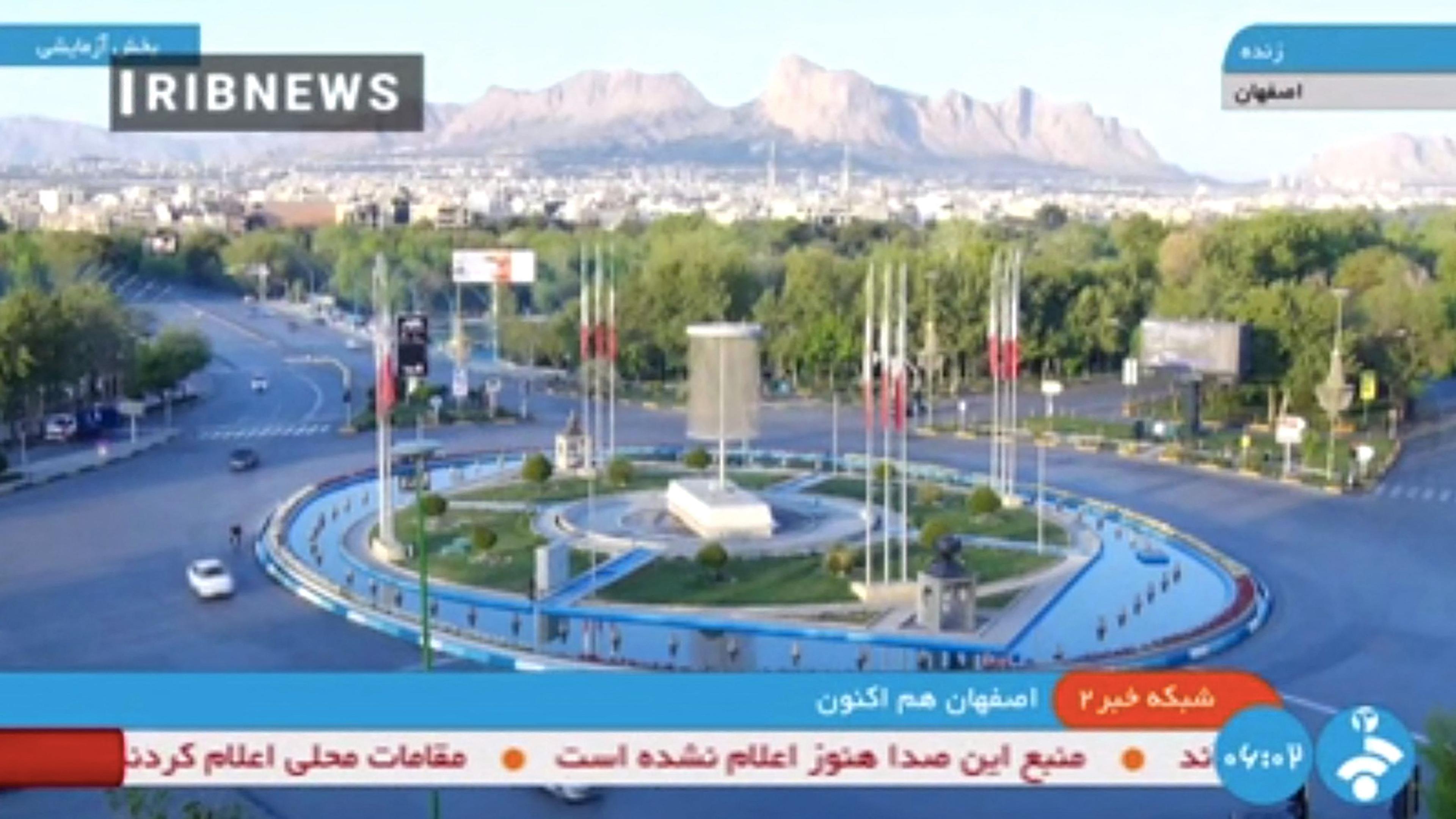 A handout image grab made available by the Iranian state TV, the Islamic Republic of Iran Broadcasting (IRIB), shows what the TV said was a live picture of the city of Isfahan early on April 19, 2024, following reports of explosions heard in the province in central Iran. Iran's state media reported explosions in the northwest of the central province of Isfahan on April 19, as US media quoted officials saying Israel had carried out retaliatory strikes on its arch-rival. Nuclear facilities in Isfahan were reported to be "completely secure", Iran's Tasnim news agency reported, citing "reliable sources". (Photo by IRANIAN STATE TV (IRIB) / AFP) / RESTRICTED TO EDITORIAL USE - MANDATORY CREDIT "AFP PHOTO / HO / IRIB" - NO MARKETING NO ADVERTISING CAMPAIGNS - DISTRIBUTED AS A SERVICE TO CLIENTS /NO RESALE/ NO ACCESS ISRAEL MEDIA/PERSIAN LANGUAGE TV STATIONS/ OUTSIDE IRAN/ STRICTLY NO ACCESS BBC PERSIAN/ VOA PERSIAN/ MANOTO-1 TV/ IRAN INTERNATIONAL/RADIO FARDA
BEST QUALITY AVAILABLE / 