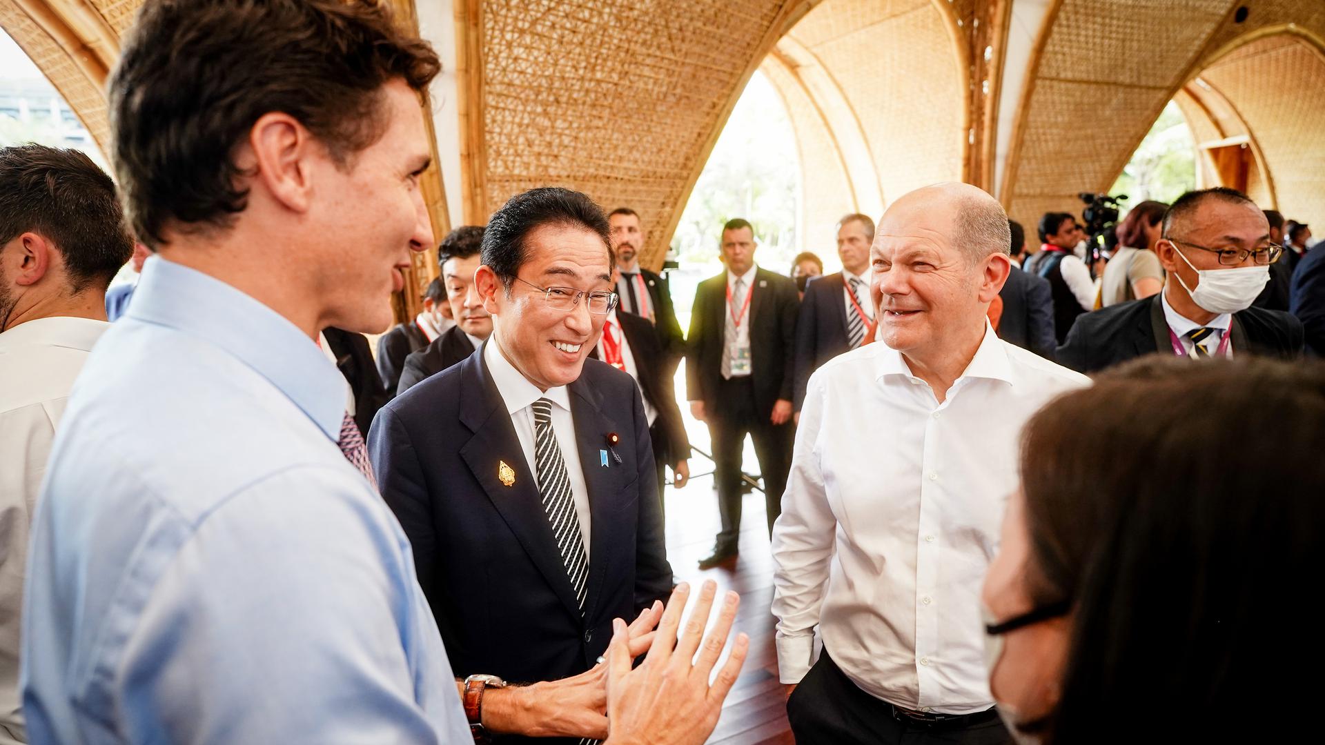 Olaf Scholz (Alemanha), Justin Trudeau (Canadá) e Fumio Kishida (Japão).