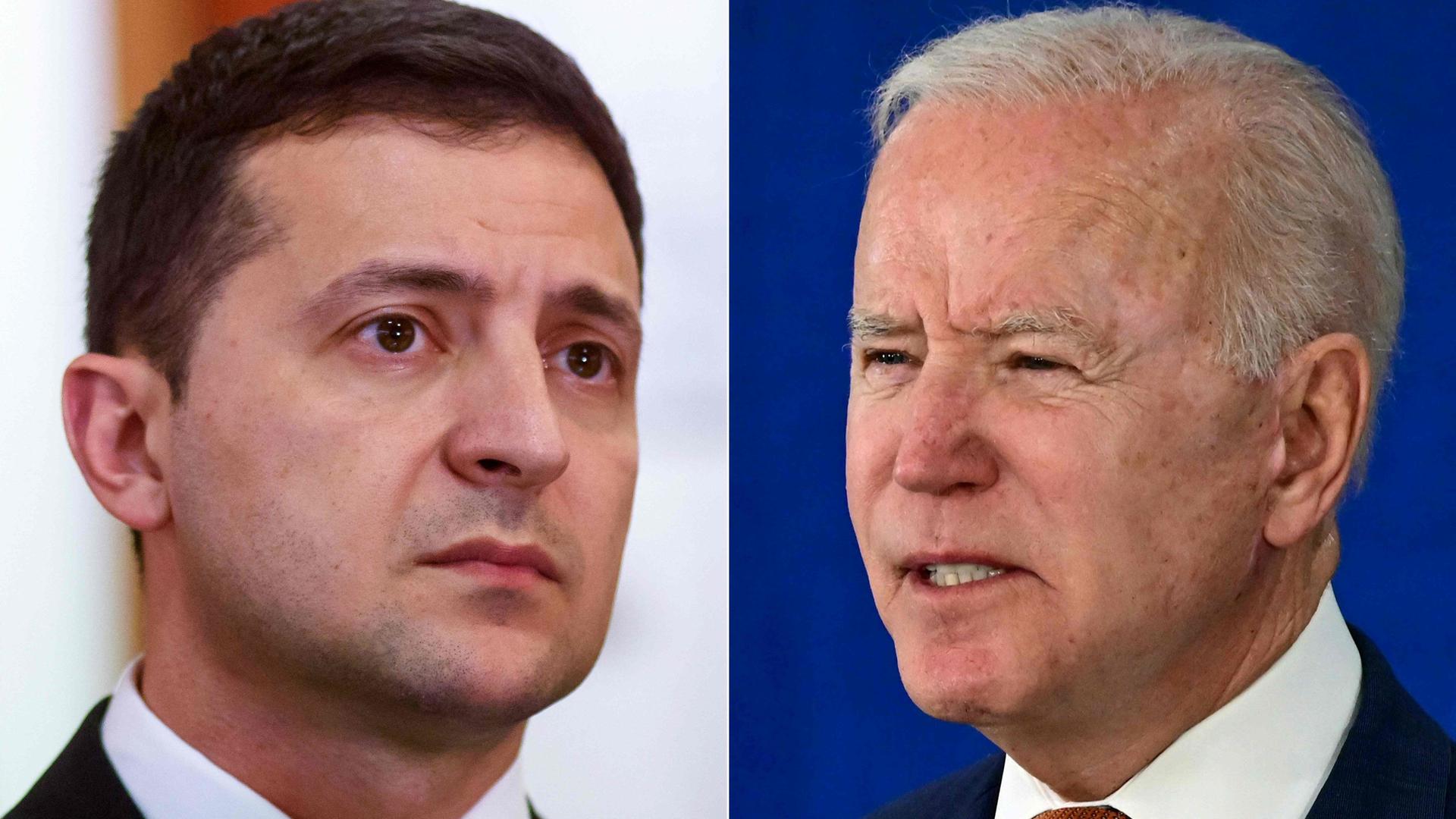O presidente ucraniano Volodymyr Zelensky (à esquerda)  e o presidente dos EUA, Joe Biden (à direita).