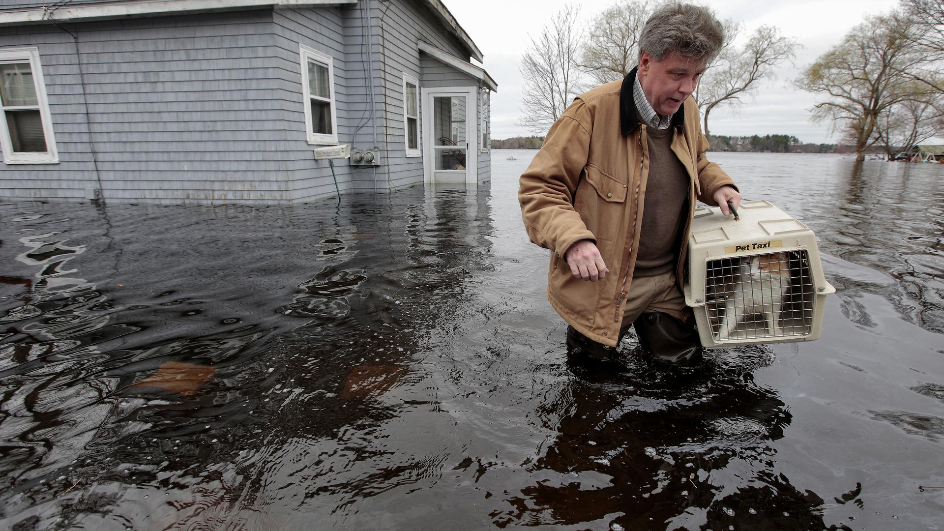 Um homem tenta salvar o seu gato durante umas inundações no Massachusetts. Esta imagem fez capa em várias publicações norte-americanas.