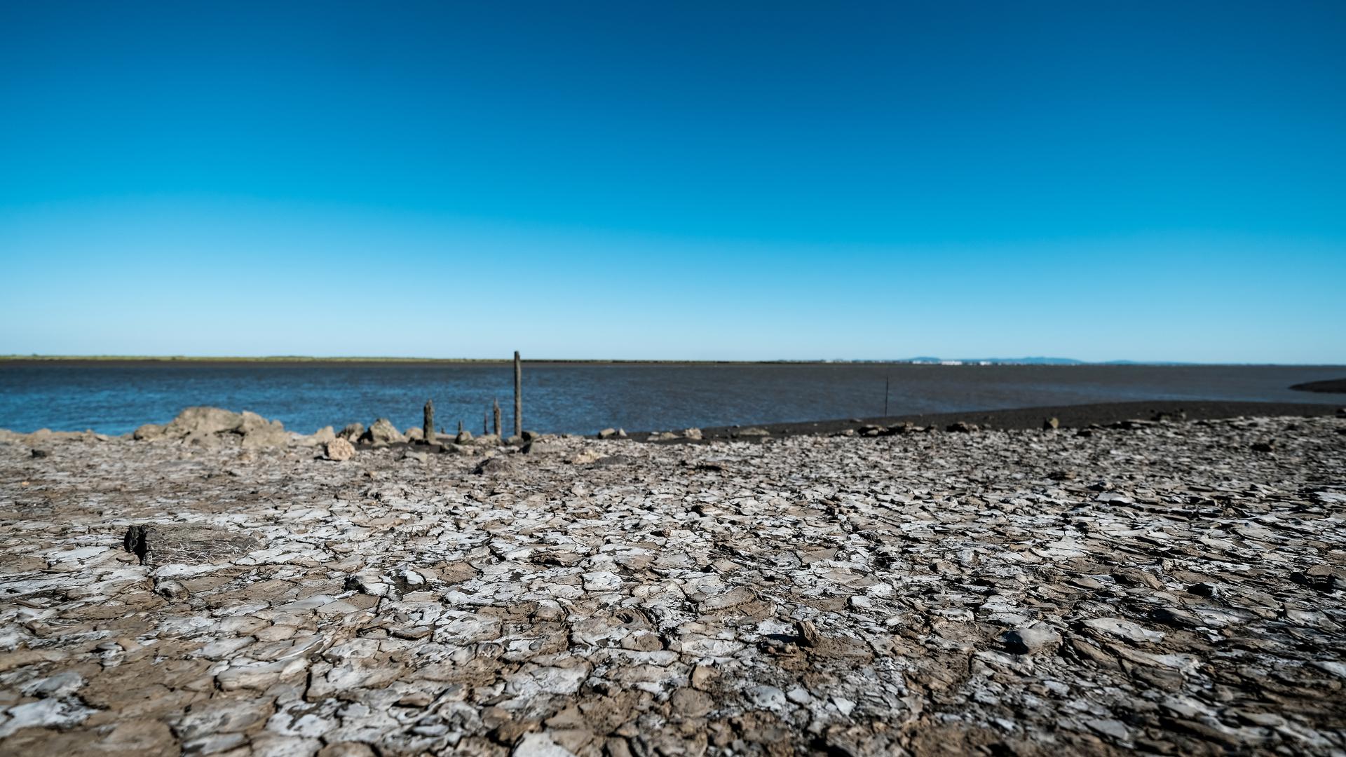 A terra está seca e salgada no lugar o Tejo recebe um dos seus afluentes, o Sorraia.