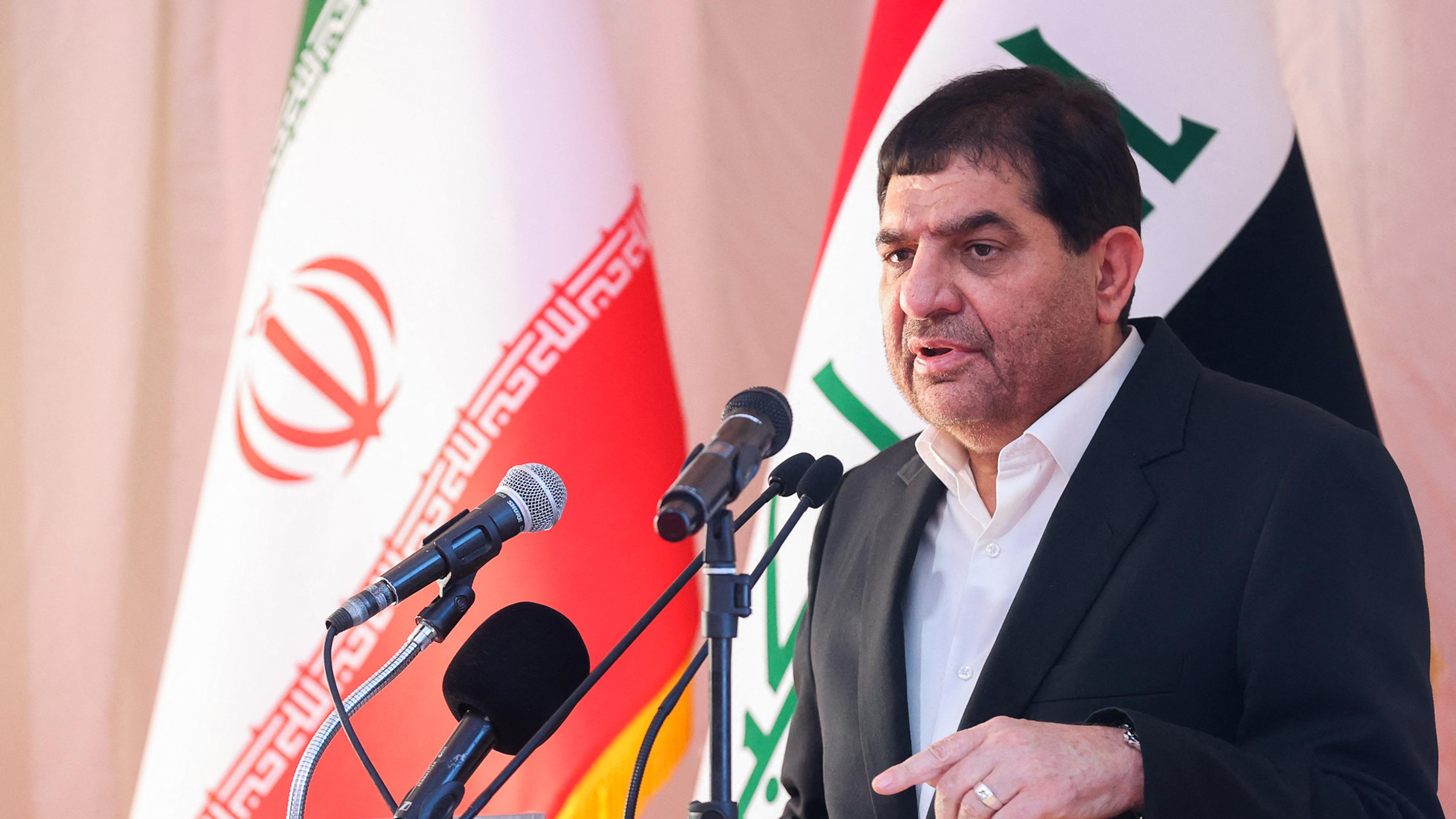 (FILES) A handout picture provided by the Iranian Vice President's Media Office shows Vice President Mohammad Mokhber speaking at the ceremony to lay the foundation stone for the railway connection project at the Shalamcheh border crossing in Iraq's southern province of Basra Governorate on September 2, 2023. Iran's first vice president, Mohammad Mokhber, is expected assume the presidency after Ebrahim Raisi's death in a helicopter crash on May 19, 2024 as the country gears up for early elections. (Photo by Iranian Vice-Presidency / AFP) / === RESTRICTED TO EDITORIAL USE - MANDATORY CREDIT "AFP PHOTO / HO / IRANIAN VICE PRESIDENCY" - NO MARKETING NO ADVERTISING CAMPAIGNS - DISTRIBUTED AS A SERVICE TO CLIENTS ===