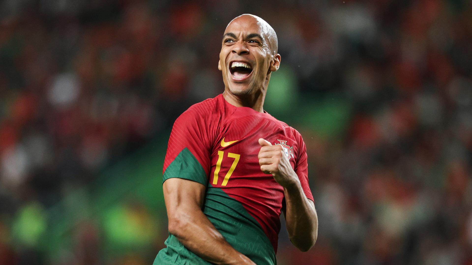 Portugal player Joao Mario celebrates after scoring a goal against Nigeria during the international friendly soccer match at Alavalada Stadium, in Lisbon, Portugal, 17 November 2022. Portugal is preparing for the FIFA World Cup 2022 group H in Qatar with their first match against Ghana on 24th November. MIGUEL A. LOPES/LUSA