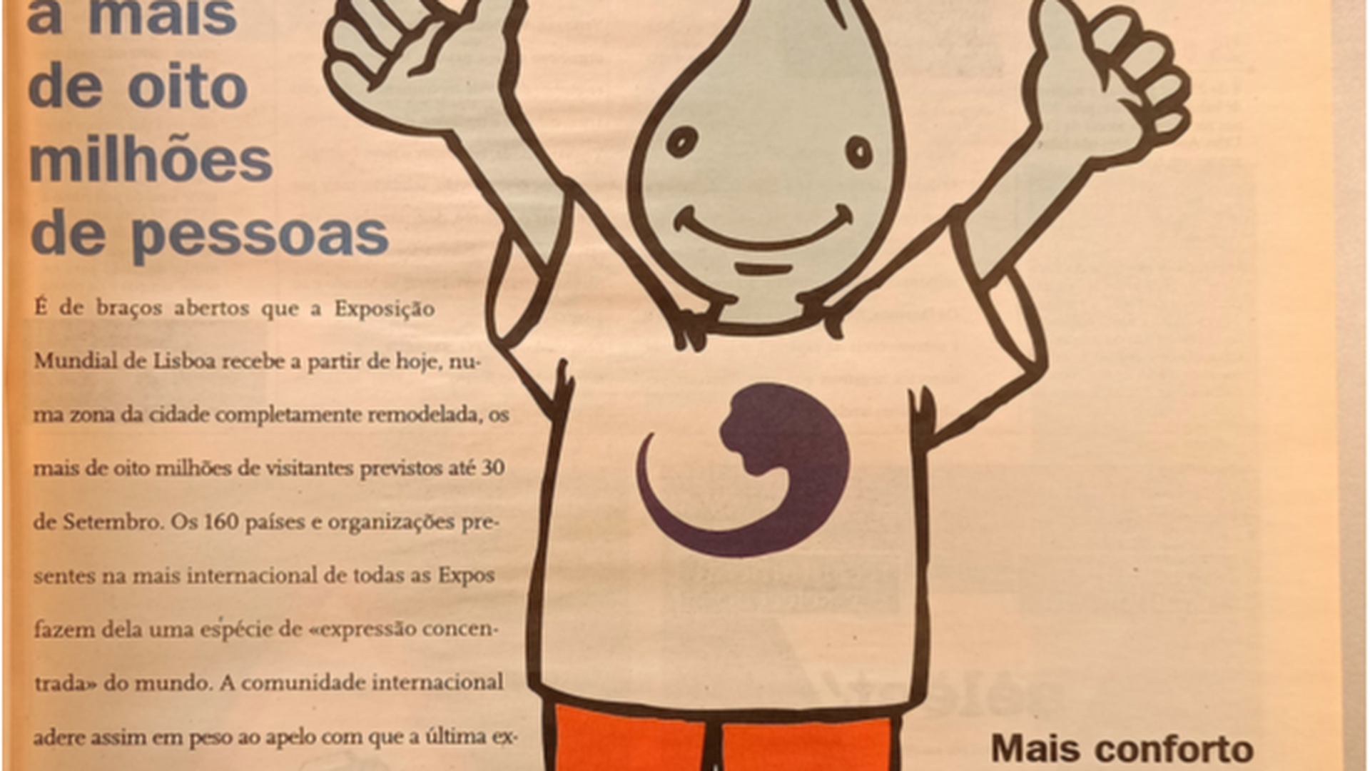 A mascote da Expo-98, o Gil, na capa do Diário de Notícias, no dia da abertura do evento.