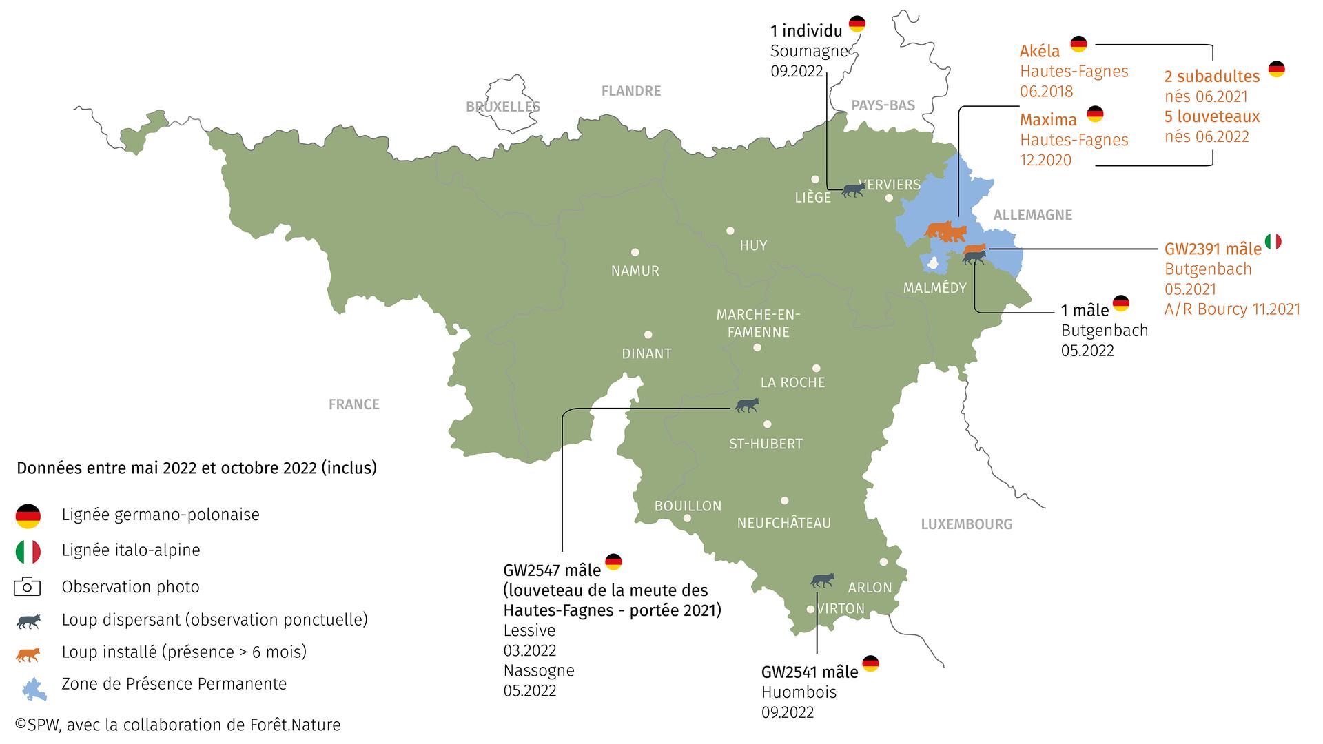 Mapa (em francês) da presença do lobo na Valónia para o período de maio a outubro de 2022.