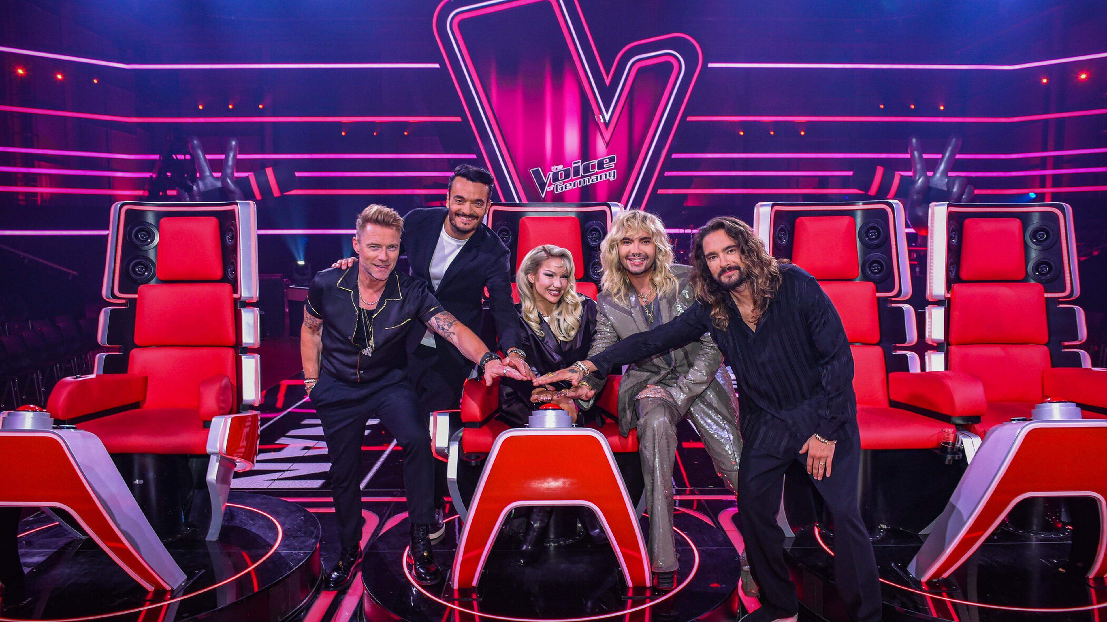Les mentors de la 13e saison de The Voice Germany : Ronan Keating, Giovanni Zarrella, Shirin David et les jumeaux Bill et Tom Kaulitz (de gauche à droite).