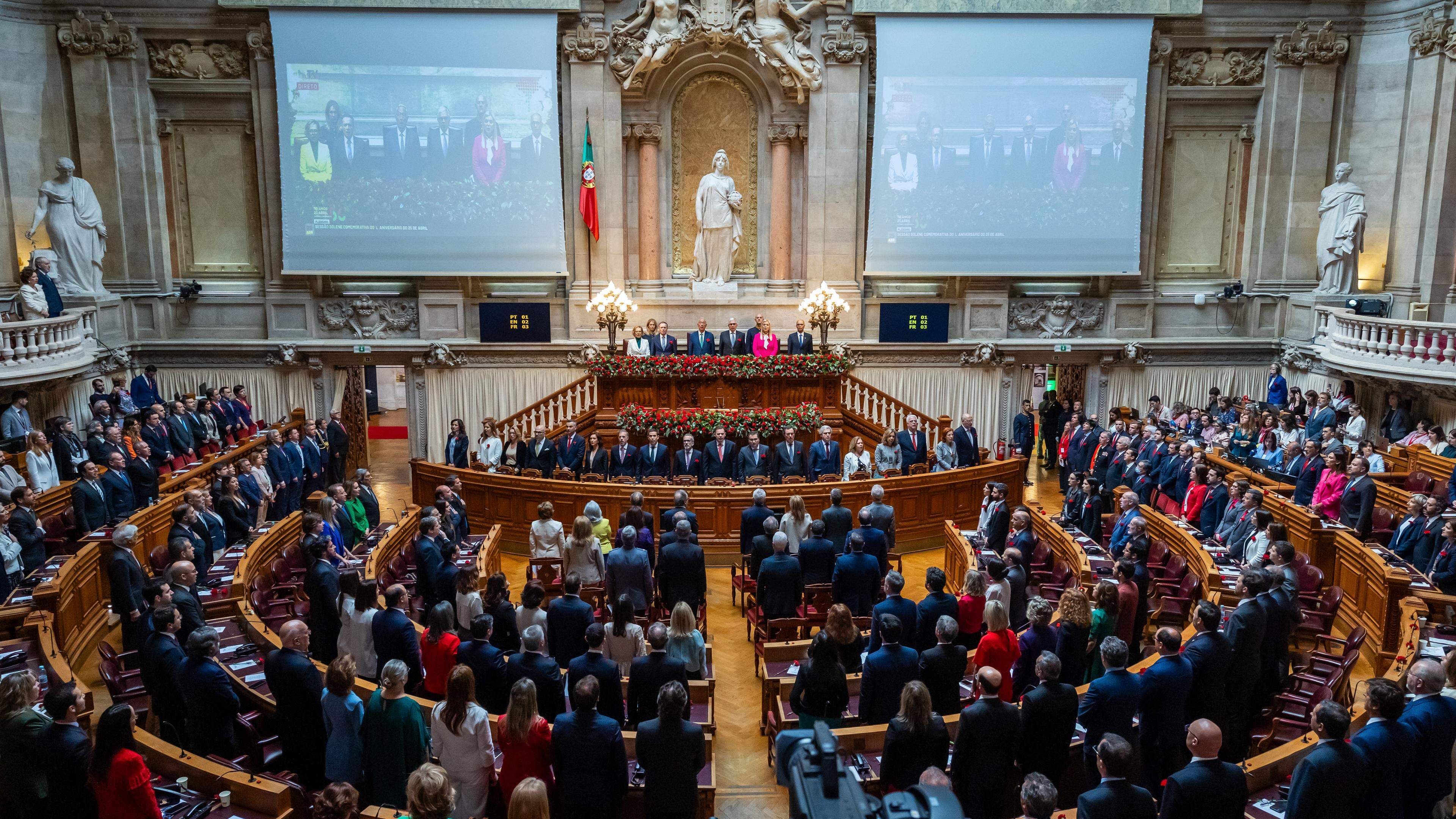 Solemn comemorative session at the Portuguese parliament in Lisbon, Portugal, 25 April 2024. Portugal celebrates the 50th anniversary of the Carnation Revolution that ended the authoritarian regime of Estado Novo (New State) that ruled the country between 1926 to 1974. JOSE SENA GOULAO/LUSA