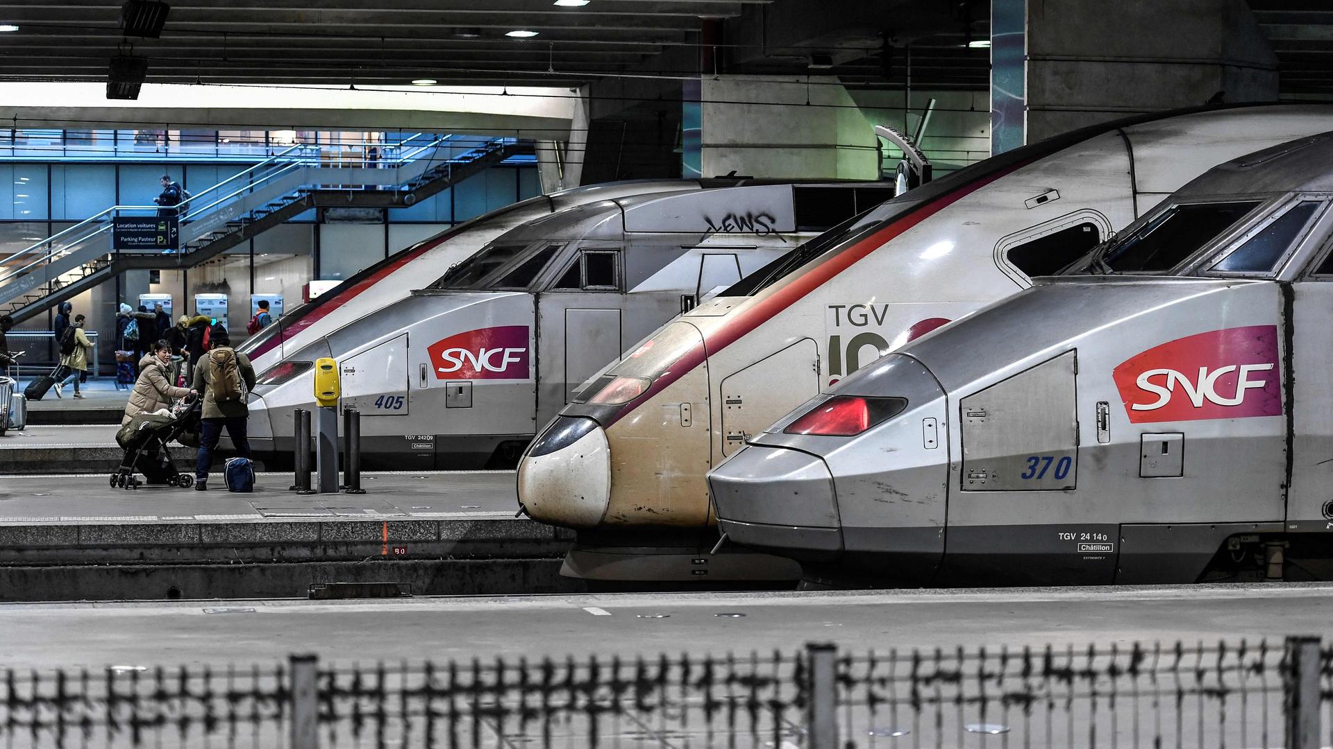 (FILES) In this file photo taken on January 2, 2020 TGV trains of French national railway operator SNCF are seen at Gare Montparnasse train station in Paris on the 29th day of a nationwide multi-sector strike against the government's pensions overhaul. - SNCF announced on February 24, 2021, a net loss of 3 billion euros in 2020. (Photo by STEPHANE DE SAKUTIN / AFP)